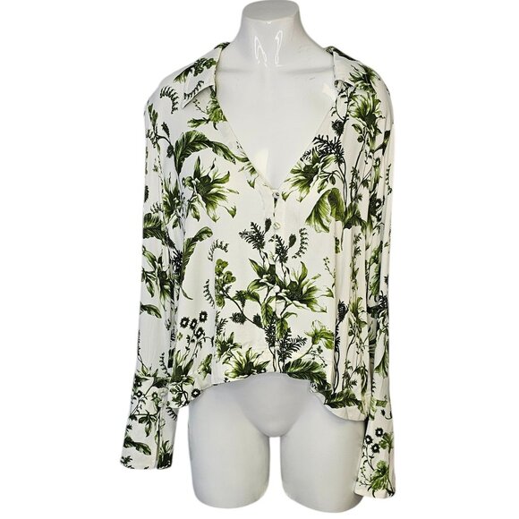 Anthropologie Silky Button Front Green Floral Long Wide Sleeve Blouse, Size M - Picture 1 of 8